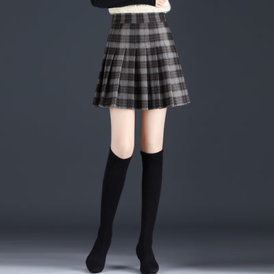 Dark woolen pleated skirt high waist slim fit a-line skirt college style for girls plus size dress