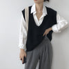 Antiwrinkle knitted vest knitwear forked hem V-neck Korean loose fit woolen sweater long top for women