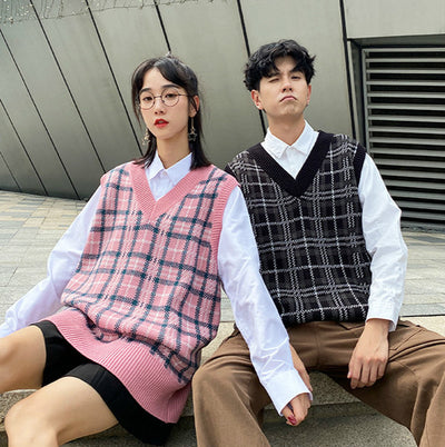College-Stil Paar Acrylgarn Strickwaren Plaid Weste locker sitzen übergroßen Pullover Streetwear
