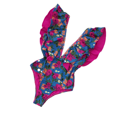 2021 Einteiliger Badeanzug Monokini Rüschen Asymmetrische Träger Hohe Taille Bikini mit Blumendruck und offenem Rücken