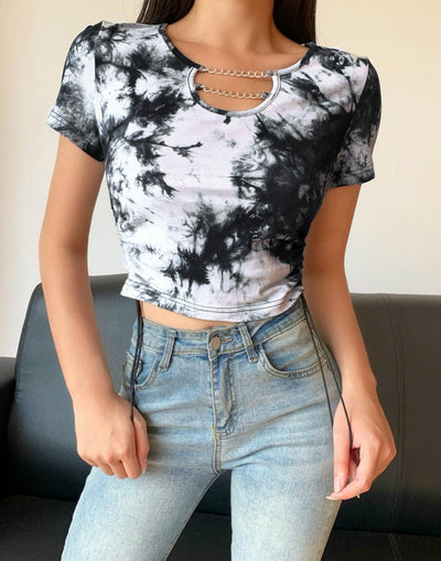 tie-dyed t-shirt female u-neck chain slim crop top short sleeved shirt for femme