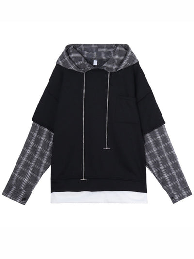 2021 Dark Gothic Kawaii checkered plaid hoodie fake two-piece sweater top with warm lining