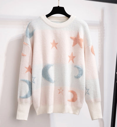 Korean fashion loose fit knitwear moon star sweater skirt sweet two-piece set