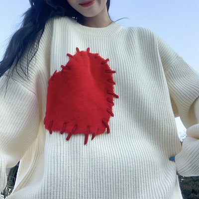 Korean style stitching kawaii big heart love sweater loose fit pullover oversize knitwear