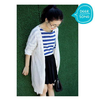 Lusheng Cotton Striped T-shirt women basic wear loose Tee asymetric hem mori style