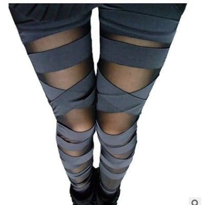 Women Punk Legins Lady Stretching Bandage Compression Leggings Splicing Gauze Sexy Pencil Pants