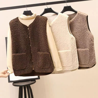 Fleece vest Korean style sleeveless vest cardigan with zipper and pockets suede lining