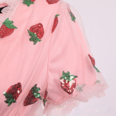 sequin embroidery French dress gauze trim strawberry applique bubble sleeves plus size