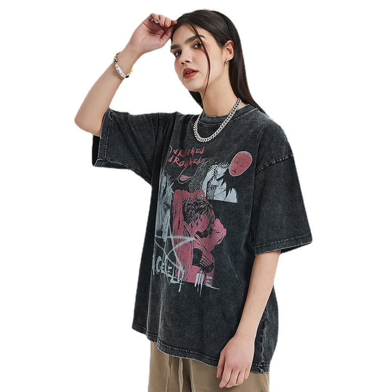 Washed retro vintage plus size highstreet tee pentagram gothic graffiti prints casual shirt for boys and girls