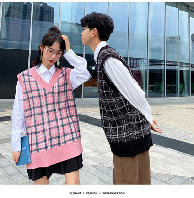 College style couple Acrylic yarn knitwear plaid vest loose fit oversize pullover Streetwear