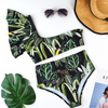 2022 sexy swimsuit green leave print high waist one shoulder single sleeve bikini European swimwear