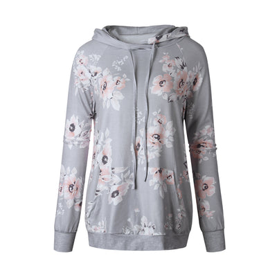 2020 Autumn WInter Hooded Floral Print Slim Fit Sweater Hoodie Pullover Top Coat with pocket