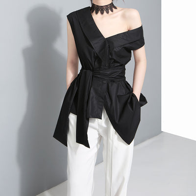 Korean niche design asymmetric slanted strap big bow irregular hem sleeveless blouse long shirt