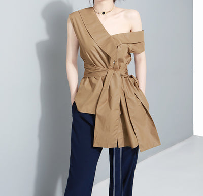 Korean niche design asymmetric slanted strap big bow irregular hem sleeveless blouse long shirt