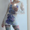 New mismatch lace up pullover placket water paint prints lace sleeves tunic dress high waist