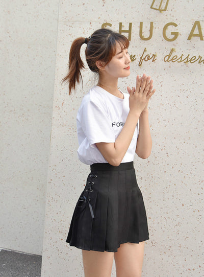 spring and summer lace up draw string college style pleated skirt safety pants high waist skirt
