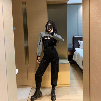 2022 Spring Hip Hop Reflective top coat and pants combined BF style Streetwear chic girl casual suit