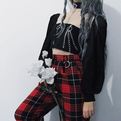 loose fit women retro checkered vintage straight  pants femme