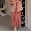 Kawaii faux lamb fur hairy pink plaid fold vest Korean european style loose waistcoat pleated long skirt T-shirt set