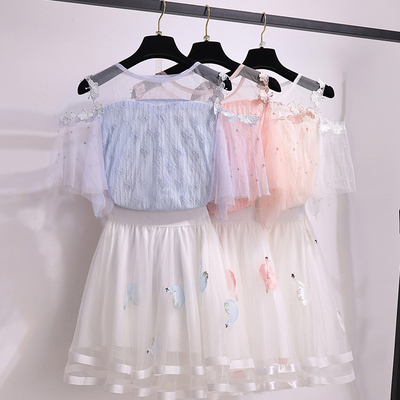 Frilly fairy floral summer gauze dress set off shoulder blouse and skirt set Korea style embroidered embellishment