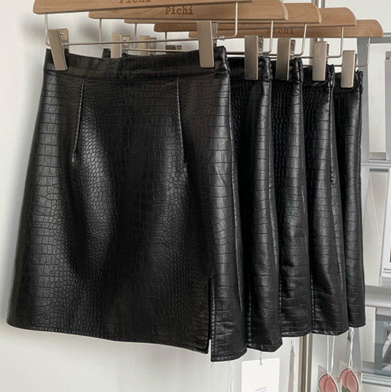 Japanese Style lederrock Slim Black Leather Skirt Mini Dress for Girls Crocodile Skin