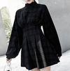 Dark Gothic Festive Vintage Mini Dress Fluffy Sleeves Plaid A Lined Hipster Retro Style Skirt High Waist