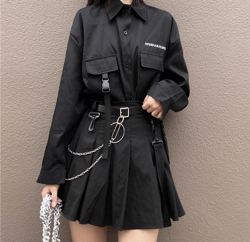 Dark Gothic Top and Skirt Set Korean Versatile Dark Loose BF Shirt