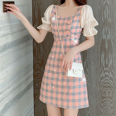 2022 spring kawaii pastel girlish sequins short-sleeved square collar plaid princess mini dress