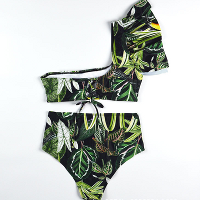 2022 sexy swimsuit green leave print high waist one shoulder single sleeve bikini European swimwear