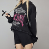 Dark gothic lace trim hooded casual sweatshirt thumb sleeve printed sweater hoodie pullover for women