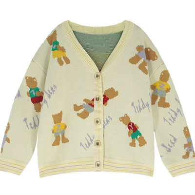 Autumn Winter V-Neck Sweater Knitwear Jacket loose fit Warm Cardigan Teddy Bear Print Outfit Coat
