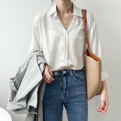 2022 new chic solid color blouse simple temperament long sleeve lapel shirt for women