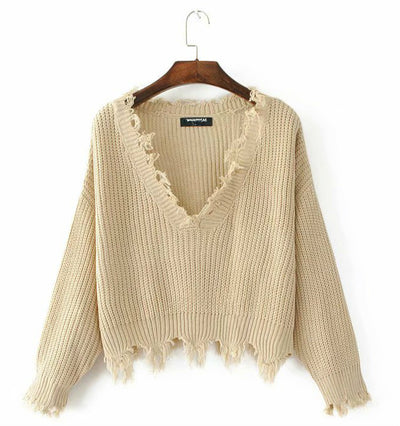 Hot Blogger V-neck tassel crop Pullover batwing loose fit Destroyed Trim sweater knitwear