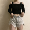 off shoulder love heart buckle long-sleeved embroidered knitwear T-shirt top