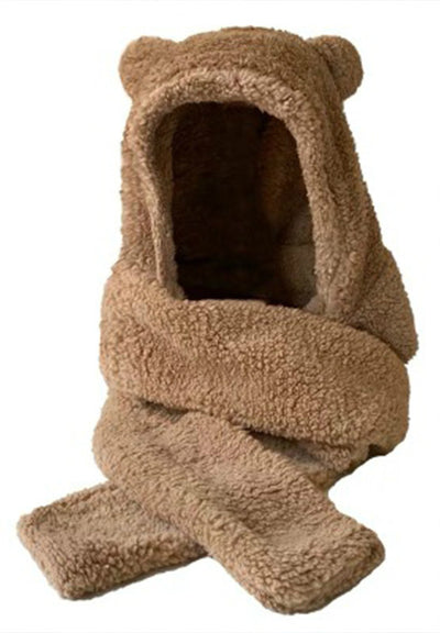 Starke warme Mütze mit Bärenohr und Schal in einem Fleece-Samt