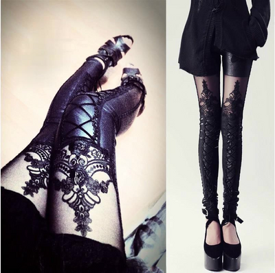 gothic lace splicing faux leather legging mesh stitching bondage slim fit pants