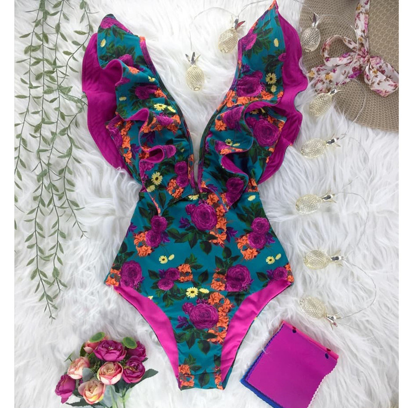 2021 One-Piece Swimsuit Monokini Ruffle Asymmetric Straps high waist open back Floral Print Bikini