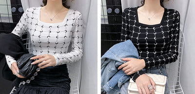 Korean style square collar moon crescent prints tight fit plus size long sleeve T-shirt