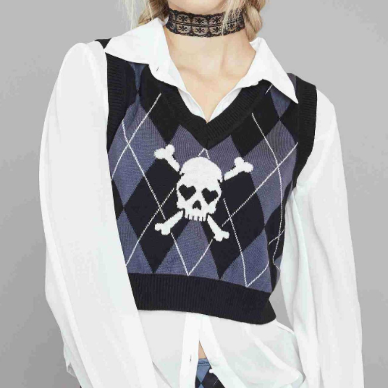 Widow Argyle Skull Print Sweater Vest