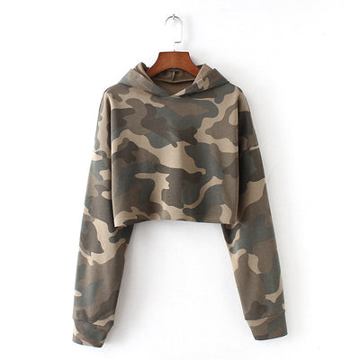Trendy camouflage hooded crop top sweatshirt pullover military print hoodie pullover