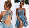 Dreamy Girl Europe US Style Sexy Hollow Back lace Strap Sling Minidress Ruffling Trim Skater