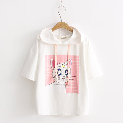 kitten with crescent catear short sleeve T-shirt hoodie for cute Japanese girls pullover 10268