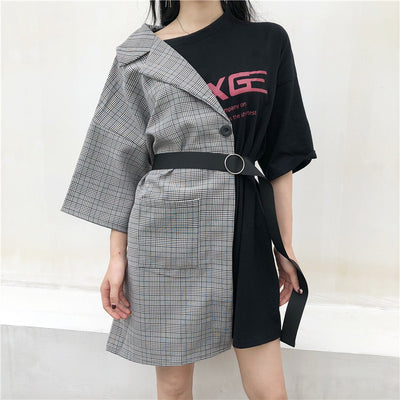 Splicing grid plaid fake 2 piece asymmetric tunic minidress long T-shirt loose fit casual top
