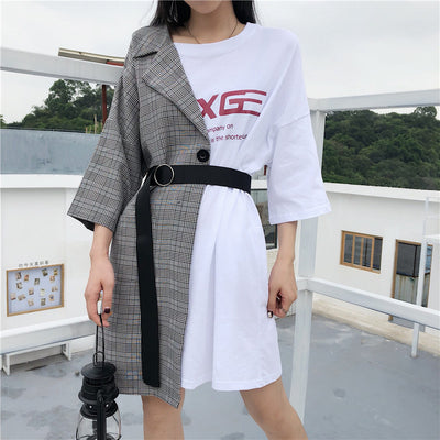 Splicing grid plaid fake 2 piece asymmetric tunic minidress long T-shirt loose fit casual top