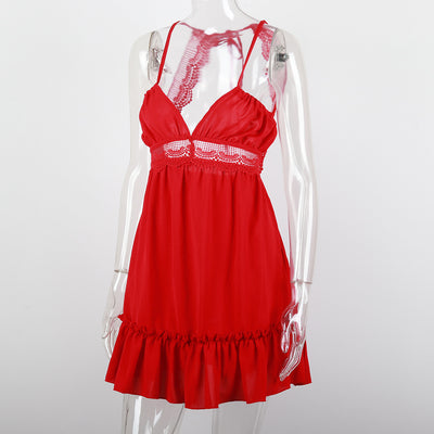 Dreamy Girl Europe US Style Sexy Hollow Back lace Strap Sling Minidress Ruffling Trim Skater