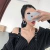 off shoulder 2-way wear sling stripes long shirt loose fit Korean BF style women blouse