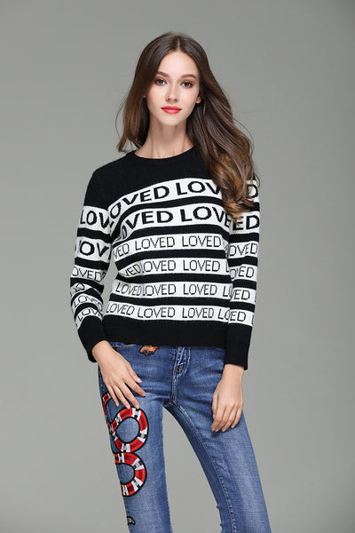 2022 letters jacquard loose fit round collar Rabbit Hair sweater pullover BTS LOVED