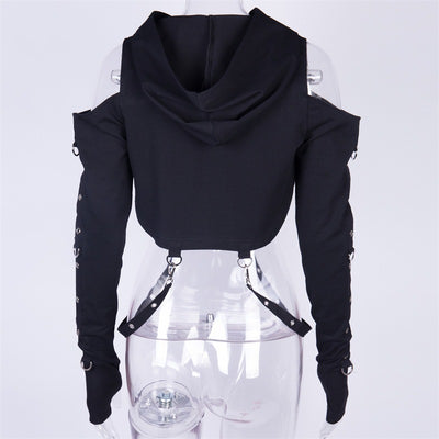 European street trendsetter bondage chain sweater hoodie with holes rings and bandage off shoulder top