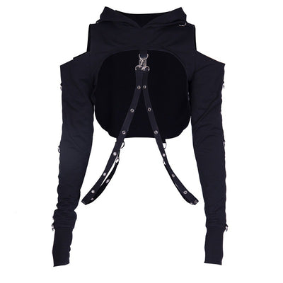 European street trendsetter bondage chain sweater hoodie with holes rings and bandage off shoulder top