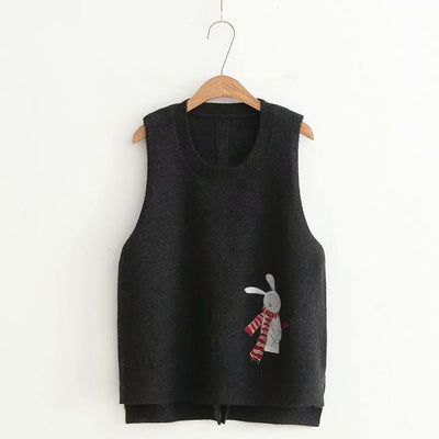 Japanese mori college style embroiderey cartoon rabbit simple knitting round neck loose fit vest sweater